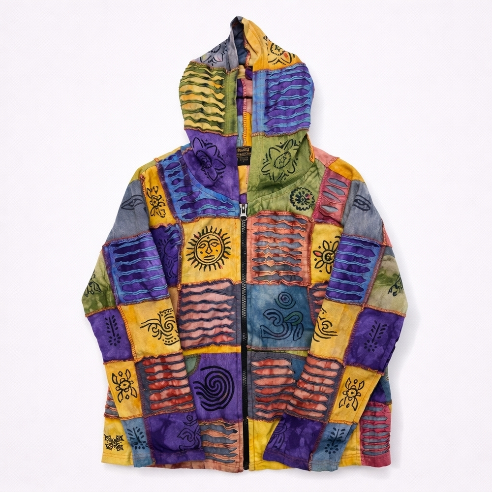 Rising International Patchwork Hoodie Jacket | Handmade Nepal | Size S | Boho